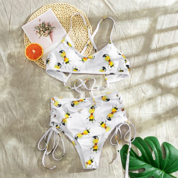 

Bee Print Tie Side High Waisted Bikini Swimsuit, White