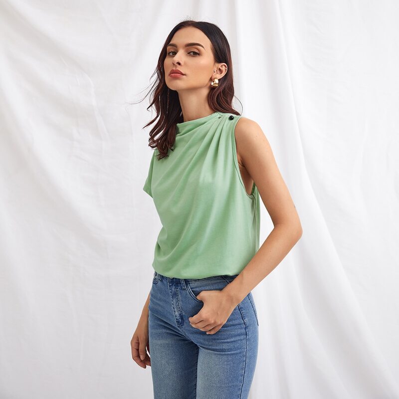 

Stand Collar Pearl Detail Top, Mint green