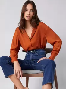 SHEIN BASICS Notch Collar Solid Blouse - Burnt Orange - View 1