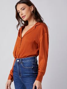 SHEIN BASICS Notch Collar Solid Blouse - Burnt Orange - View 3