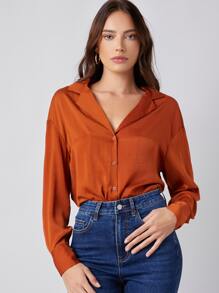 SHEIN BASICS Notch Collar Solid Blouse - Burnt Orange - View 4