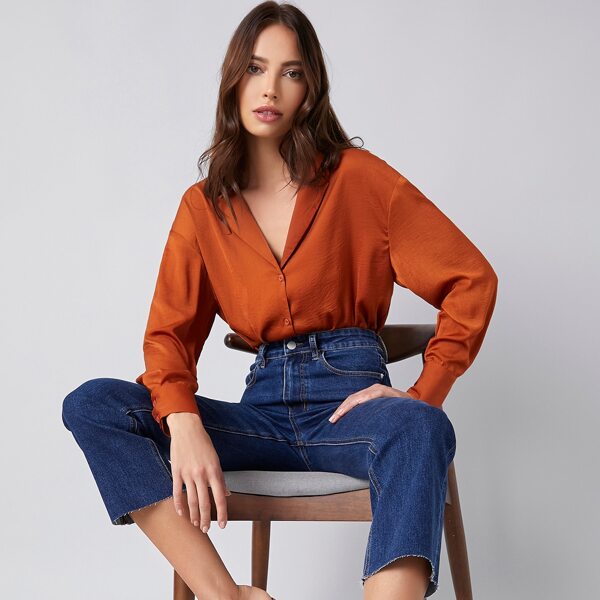 

Notch Collar Solid Blouse, Burnt orange