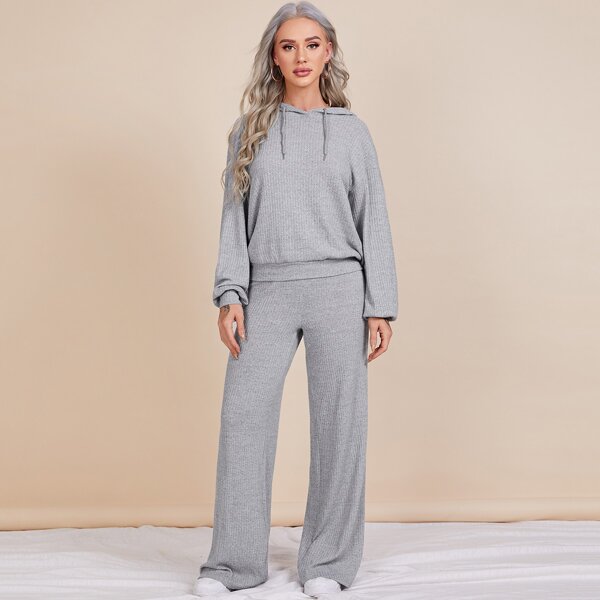 

Drop Shoulder Rib-knit Hoodie & Pants Set, Light grey