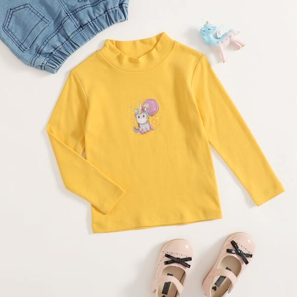 

Toddler Girls Cartoon Unicorn Print Stand Collar Tee, Yellow