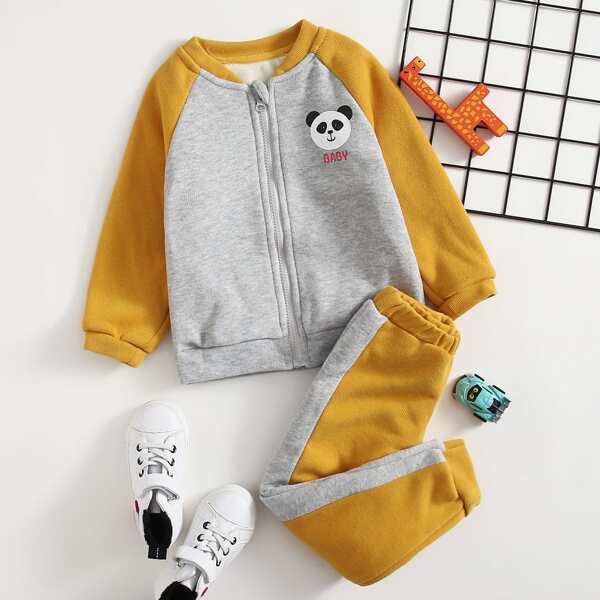

Toddler Boys Cartoon And Letter Graphic Thermal Jacket & Sweatpants, Multicolor