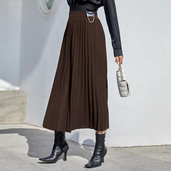 

Patched Chain Detail Pleated Skirt, Brown