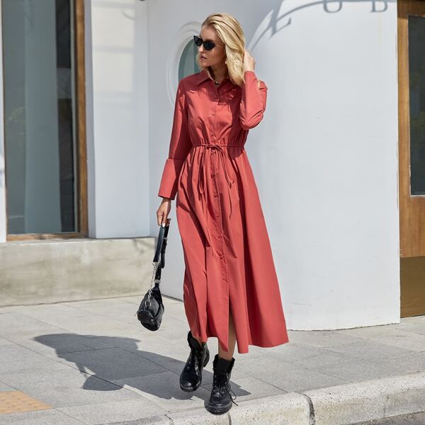 

Drawstring Front Button Front Shirt Dress, Rusty rose