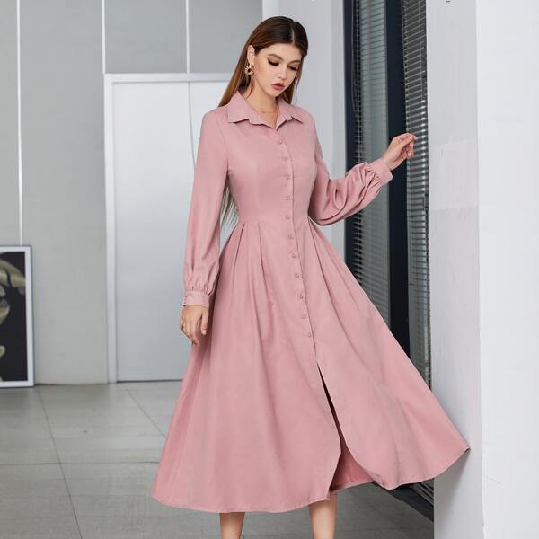 

Solid Button Front Shirt Dress, Dusty pink