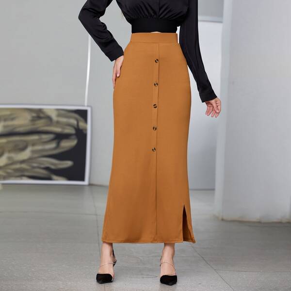 

Button Front Slit Hem Skirt, Brown