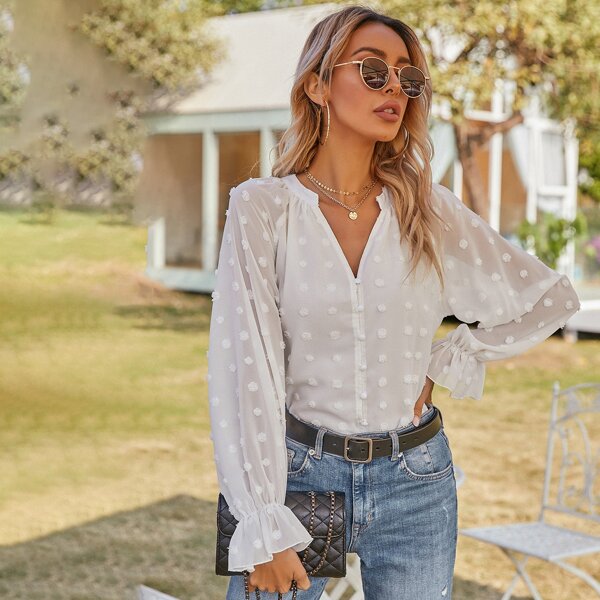 

Swiss Dot Notched Neck Flounce Sleeve Blouse, White