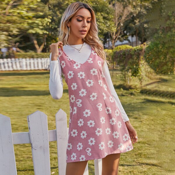 

Corduroy Floral V-neck Overall Dress, Baby pink