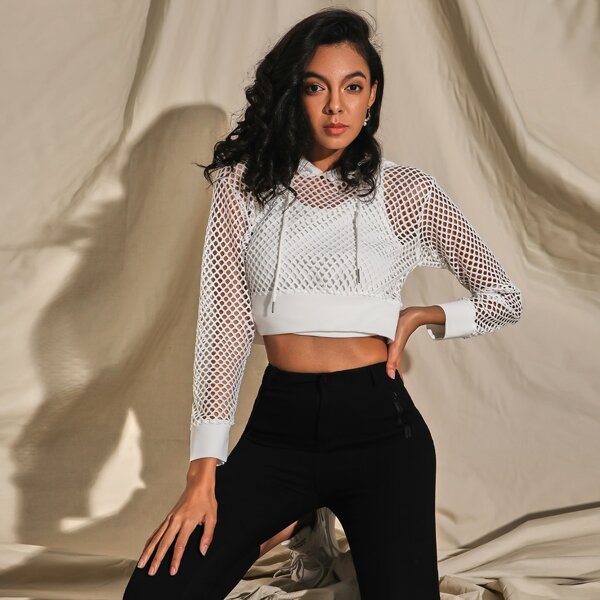 

Fishnet Crop Drawstring Hoodie, White