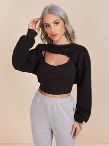 SHEIN Drop Shoulder Super Crop Pullover Without Cami - Black - View 1