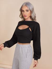 SHEIN Drop Shoulder Super Crop Pullover Without Cami - Black - View 3