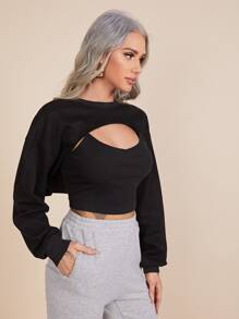 SHEIN Drop Shoulder Super Crop Pullover Without Cami - Black - View 5