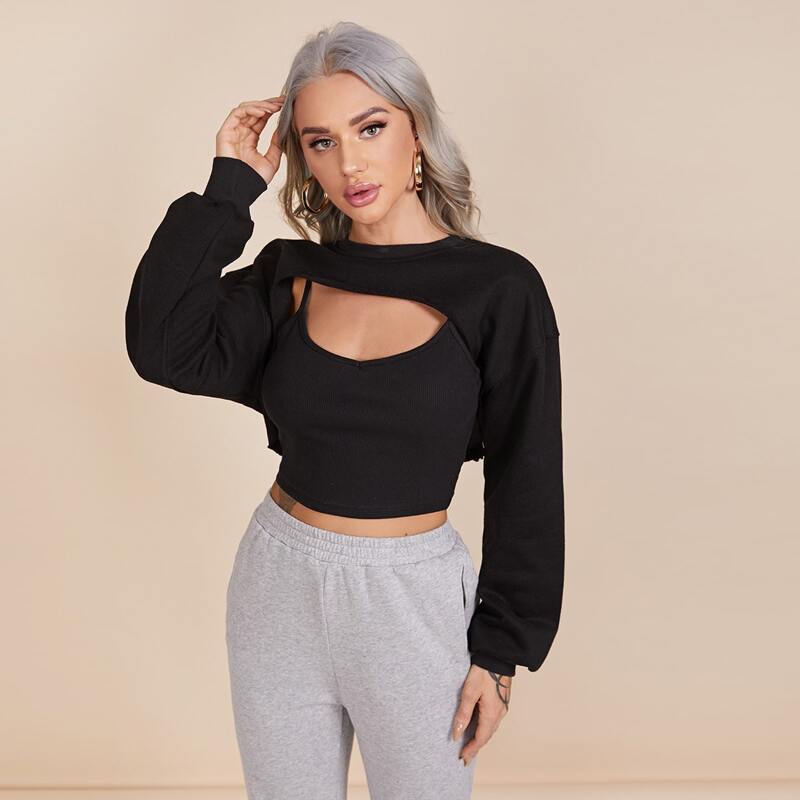 

Drop Shoulder Super Crop Pullover Without Cami, Black