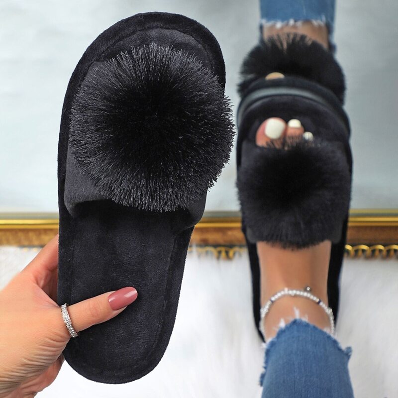 

Solid Pom Pom Fluffy Slippers, Black