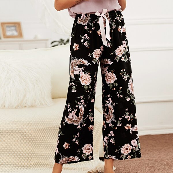 

Floral And Crane Print Bow Front Sleep Pants, Black