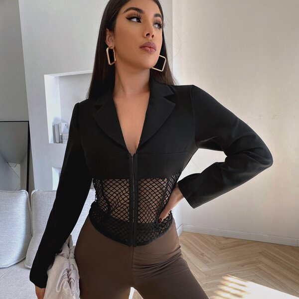 

Contrast Fishnet Lapel Collar Crop Blazer, Black