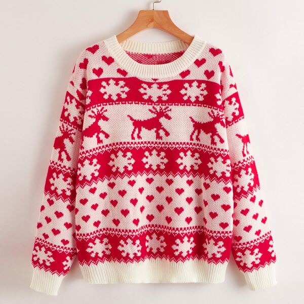 

Christmas Elk and Heart Pattern Sweater, Red