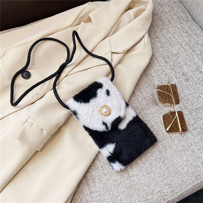 Cow Print Fluffy Crossbody Phone Bag, Black and white