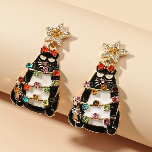 

Rhinestone Decor Cat Charm Drop Earrings, Black