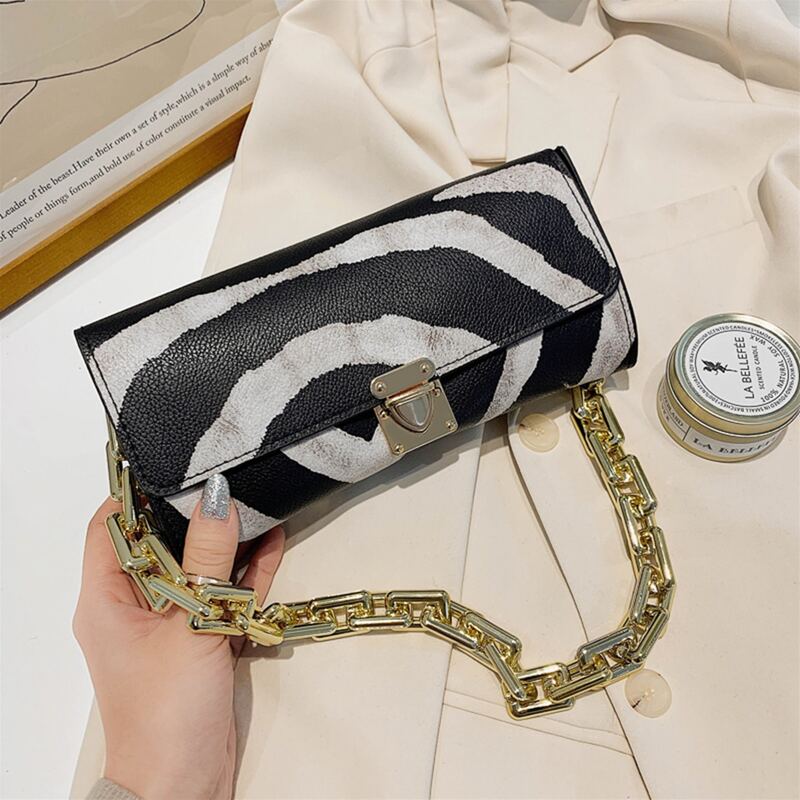 

Zebra Striped Chain Shoulder Bag, Black and white