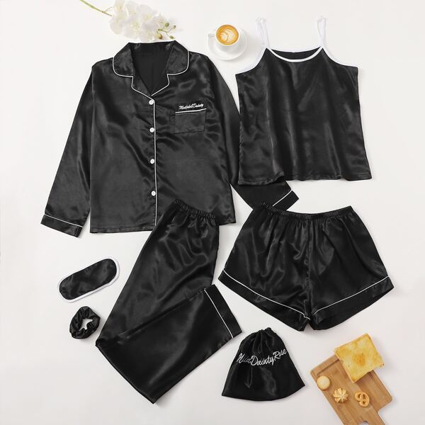 

7pcs Contrast Binding Satin PJ Set, Black