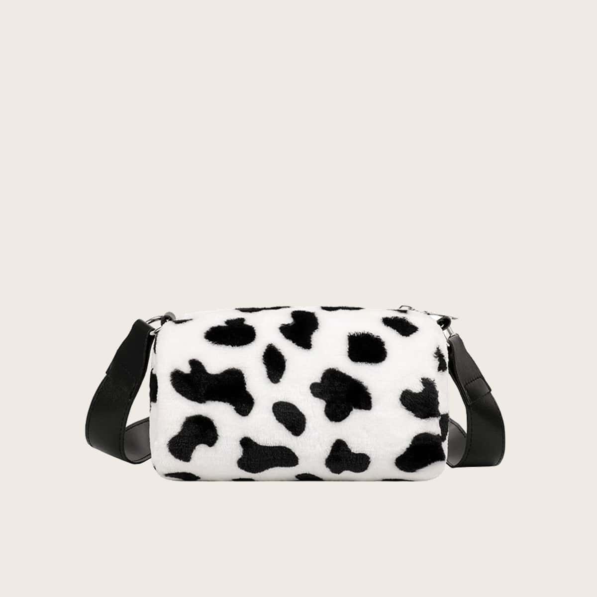 

Cow Print Fluffy Crossbody Bag, Black and white