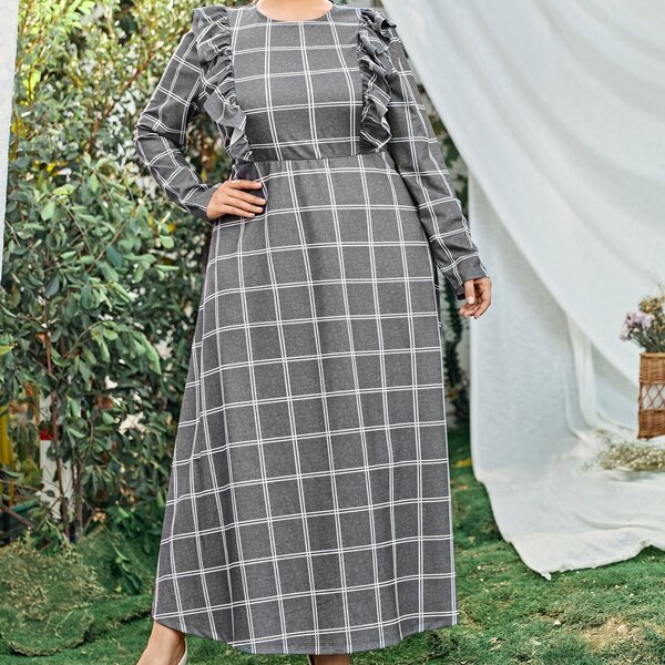 

Plus Ruffle Trim Plaid Dress, Grey