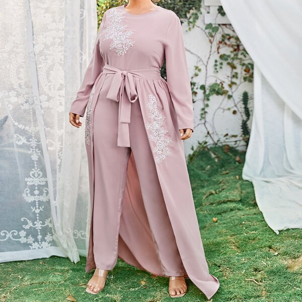 

Plus Tie Front Overlay Applique Jumpsuit, Dusty pink