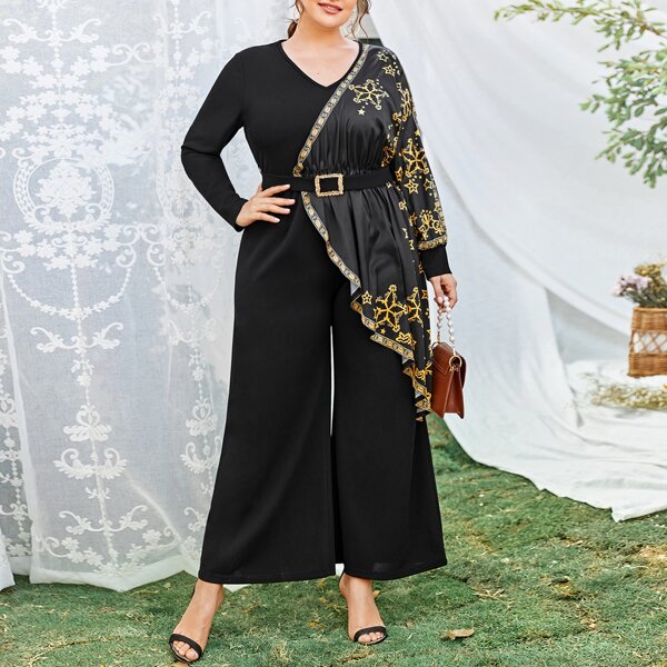 

Plus Geo Print Buckle Belted Wide Leg Jumpsuit, Black