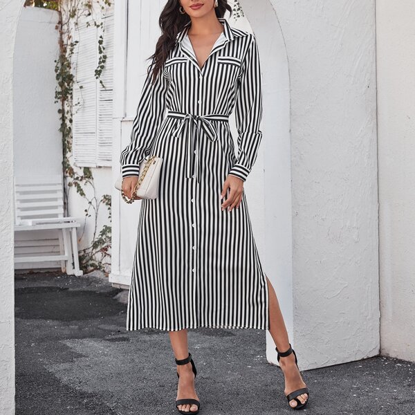 

Striped Button Up Belted Shirt Dress, Black and white