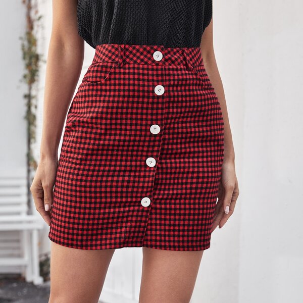 

Gingham Button Front Bodycon Skirt, Multicolor