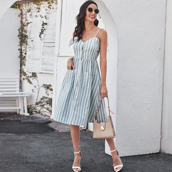

Striped Button Front Cami Dress, Blue and white
