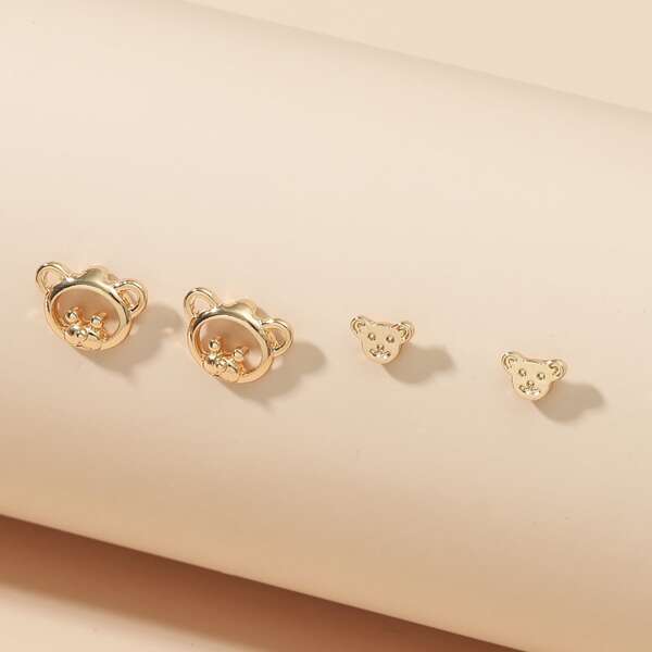 

2pairs Bear Stud Earrings, Gold