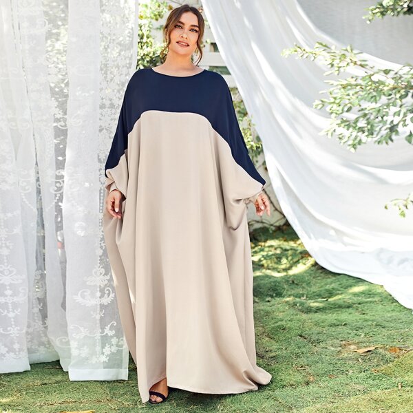 

Plus Cloak Sleeve Colorblock Dress, Beige