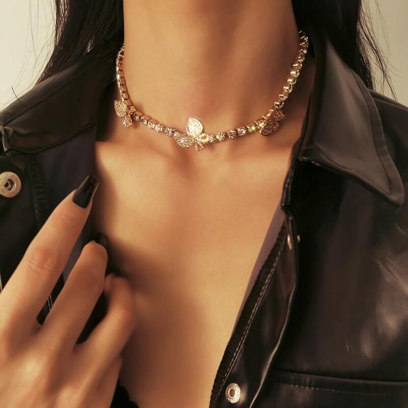 

Rhinestone Butterfly Choker, Gold