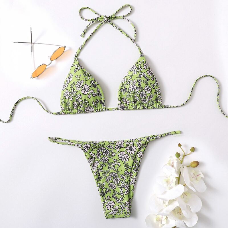 

Ditsy Floral Triangle Bikini Swimsuit, Green