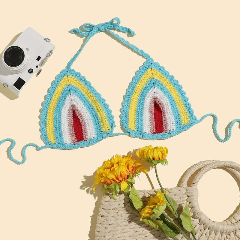 

Colorblock Crochet Bikini Top, Multicolor