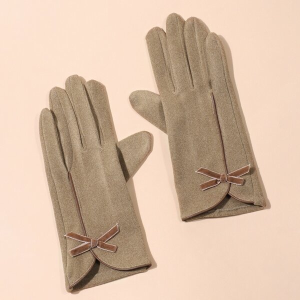 

Bow Knot Decor Finger Gloves, Brown