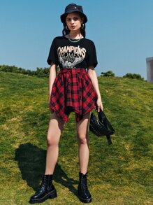 SHEIN EZwear 前結飾不對稱下擺格紋半身裙 - 彩色 - 查看 4