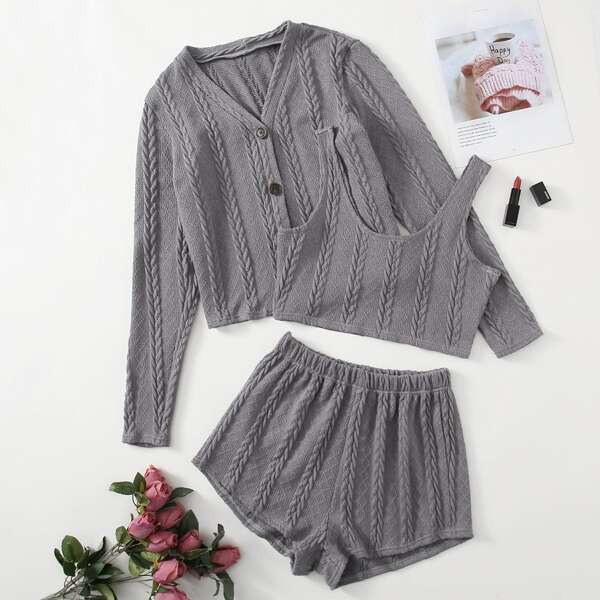 

3pack Cable Knit Solid Robe Set, Grey