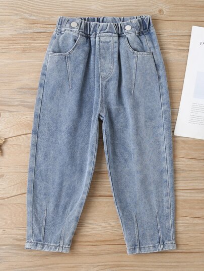 بنطلون جينز بخصر مطاطي بلون موحد للبنات الصغار