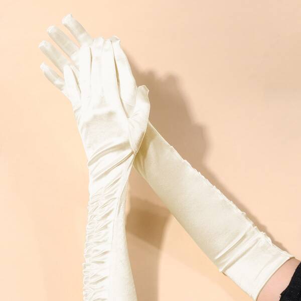 

Solid Long Pleated Gloves, Beige