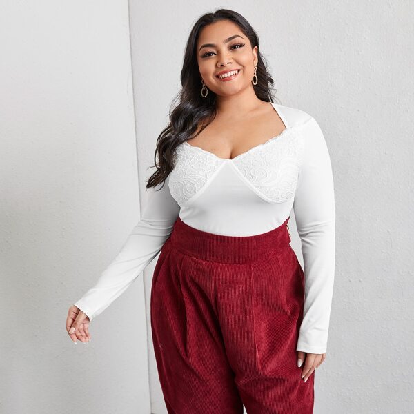 

Plus Contrast Lace Queen Anne Neck Tee, White