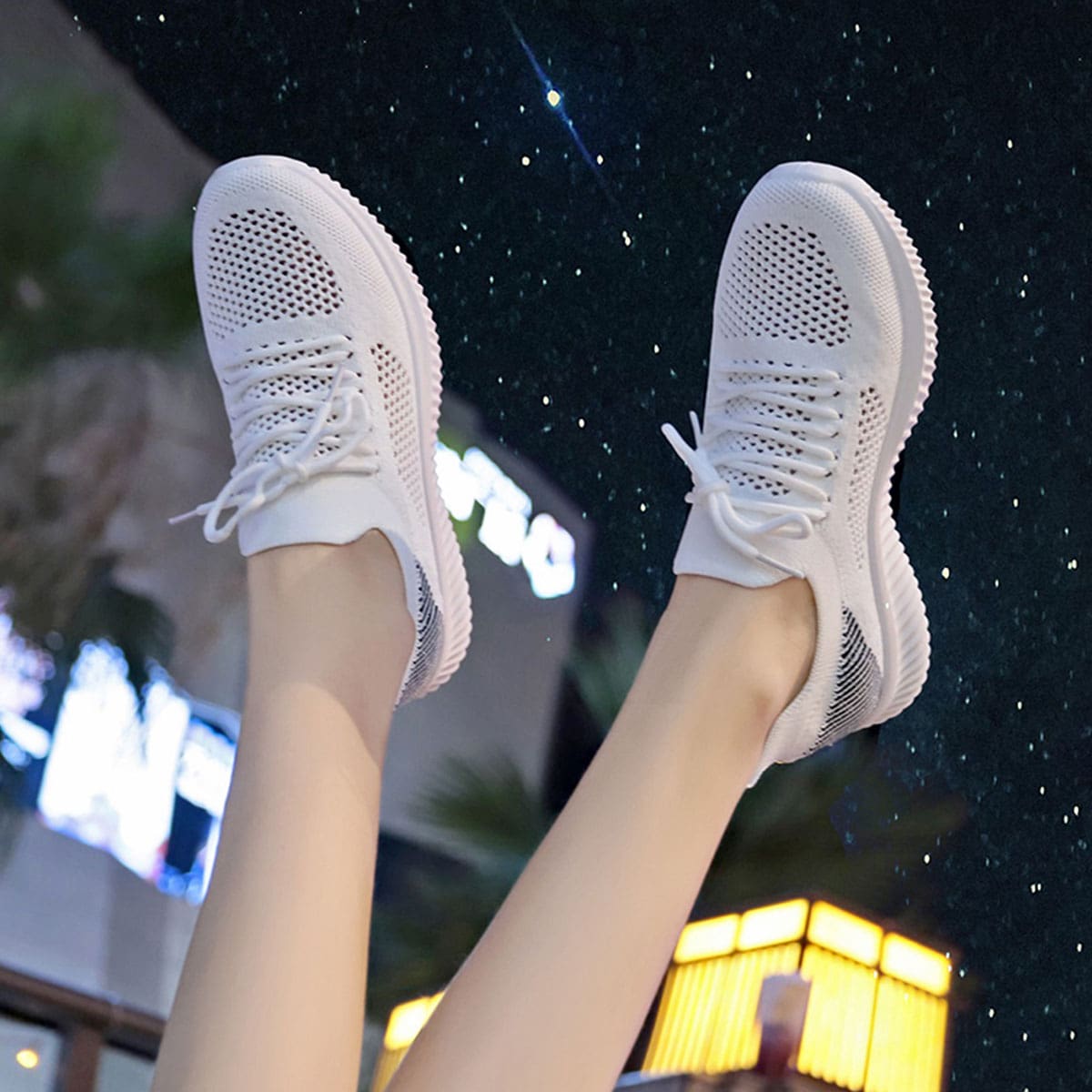 

Hollow Out Lace-up Knit Sneakers, White
