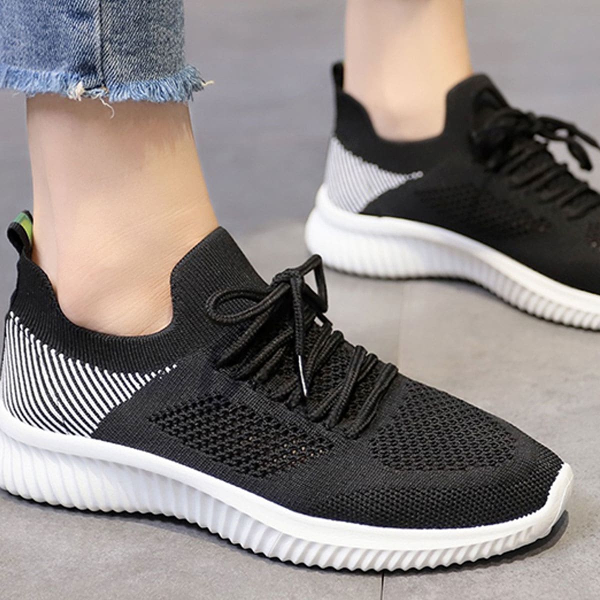 

Hollow Out Lace-up Knit Sneakers, Black