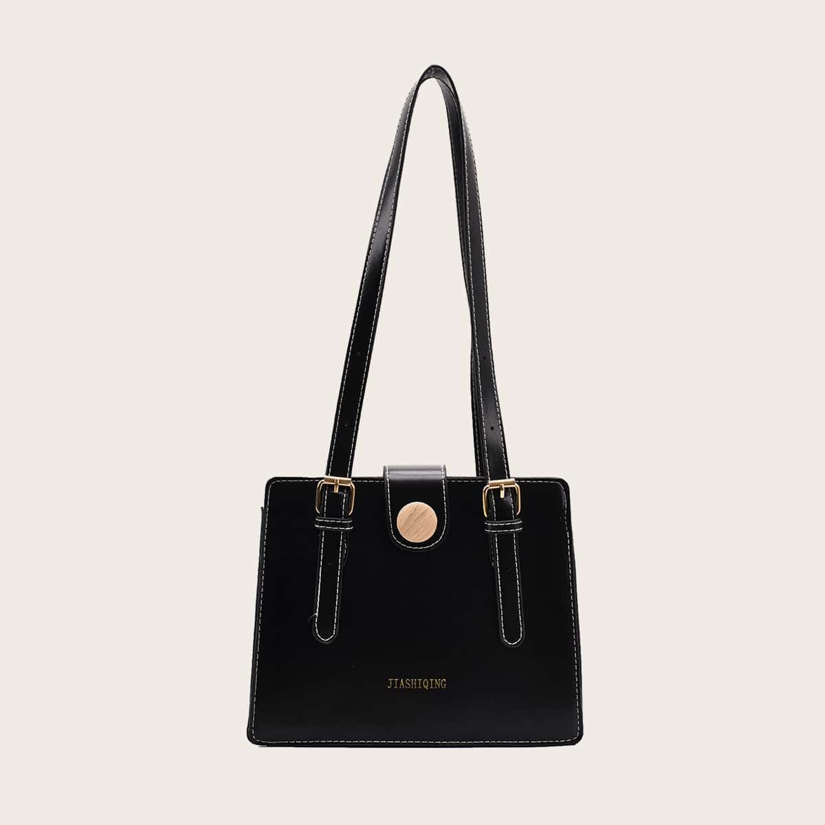 Buckle Decor Shoulder Bag, Black