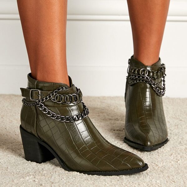 

Chain Decor Croc Embossed Ankle Boots, Green